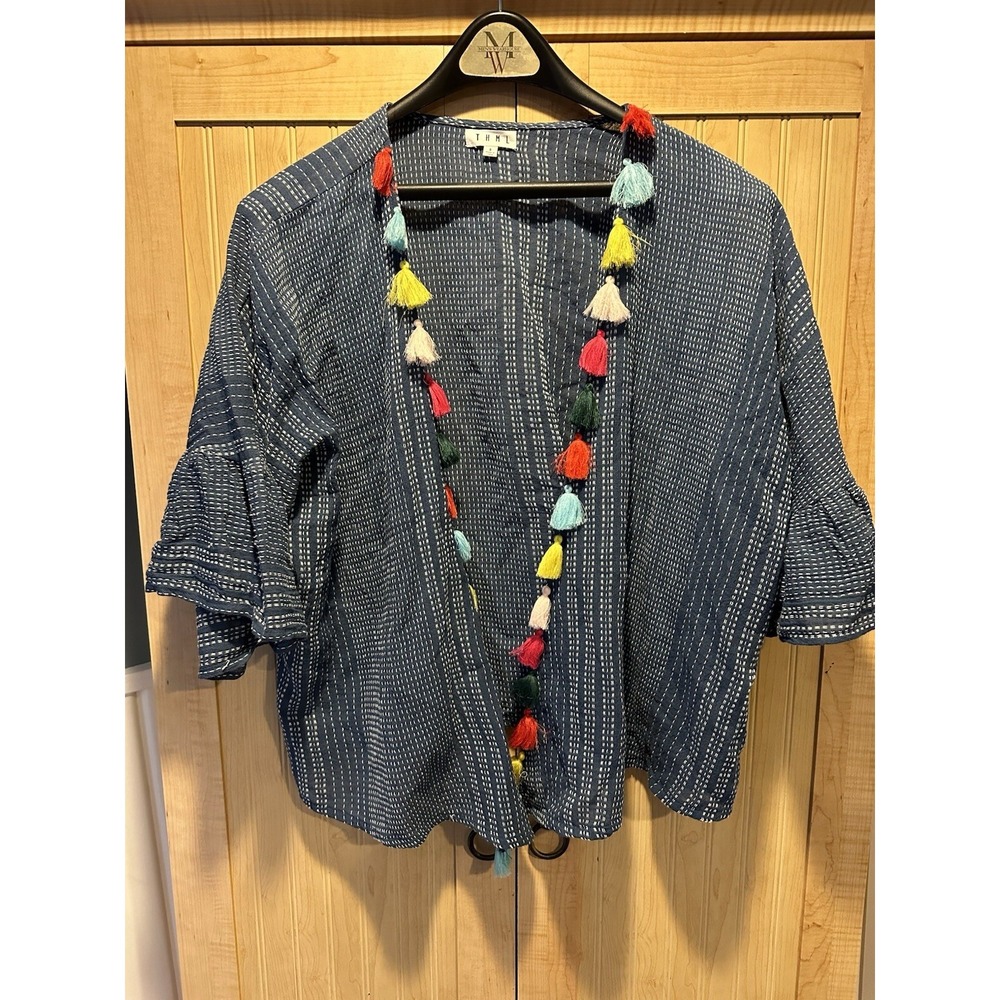THML Anthropologie Blue White Colored Tassel Open Short‎ Sleeve Kimono Size S